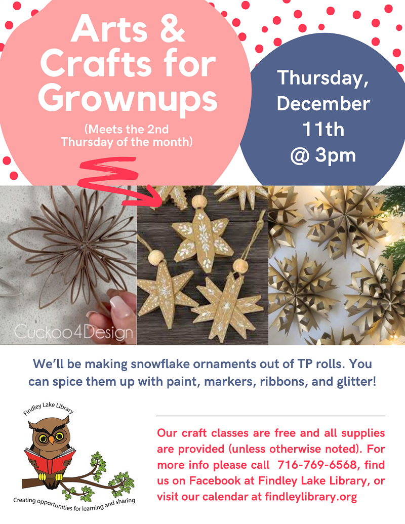 Flyer for Arts & Crafts for Grownups program on Thursday, December 11, 2025 from 3-5pm