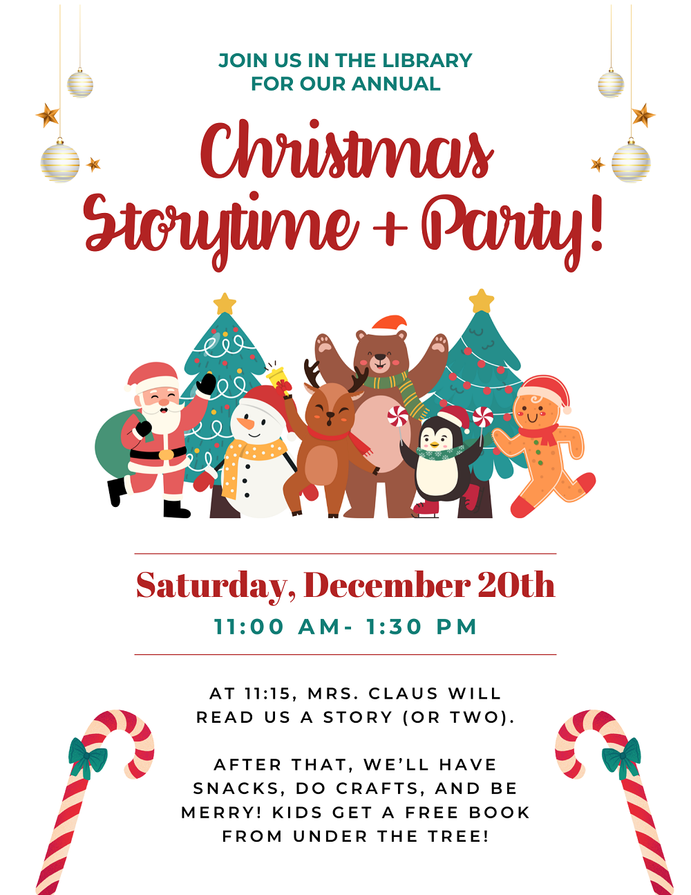 Flyer for Christmas Storytime + Party on Saturday, December 20th from 11am-1:30 pm
