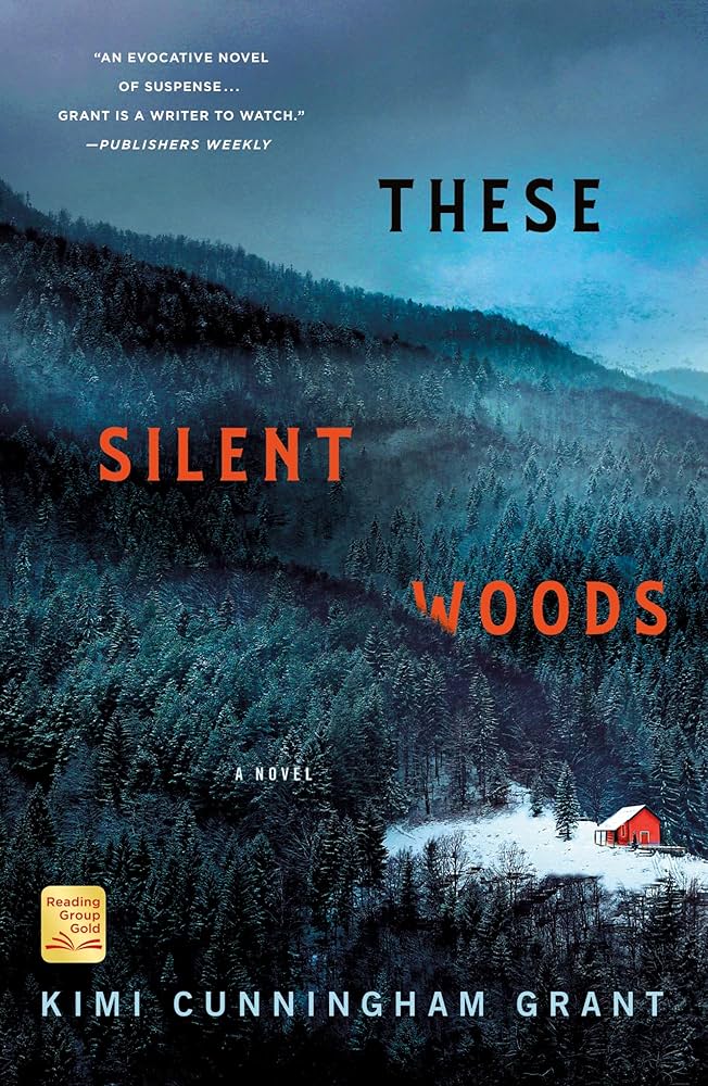 Book cover for These Silent Woods by . Features a photograph of tree-covered hills, with fog or low clouds, and a secluded red house.