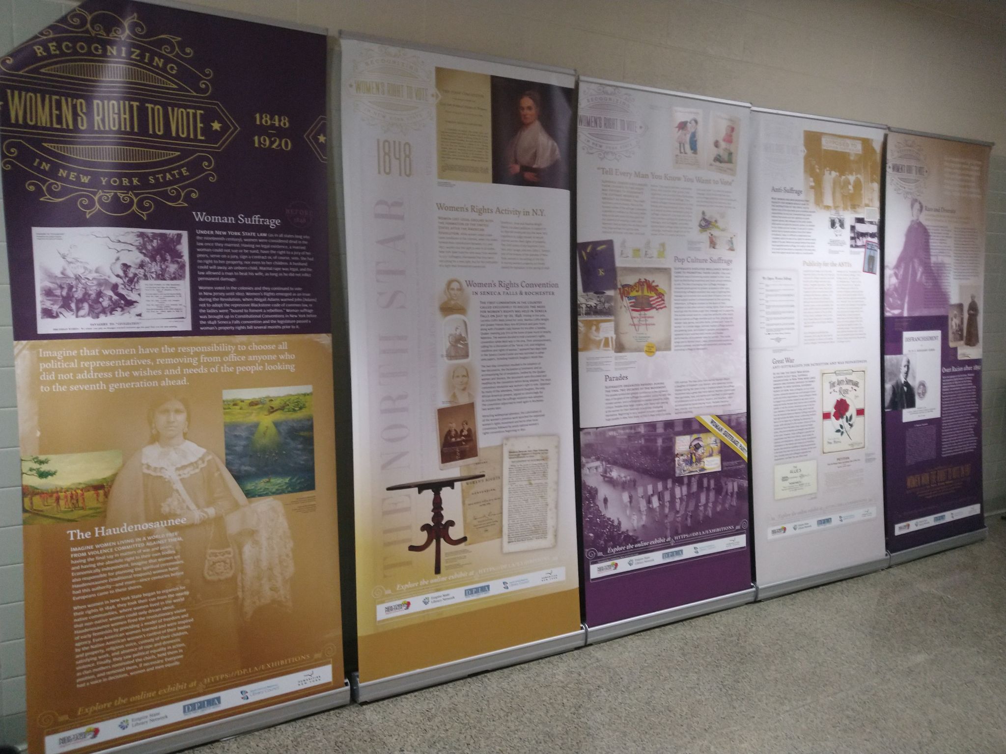 Five panel exhibit featuring the history of Women's Suffrage in New York State.