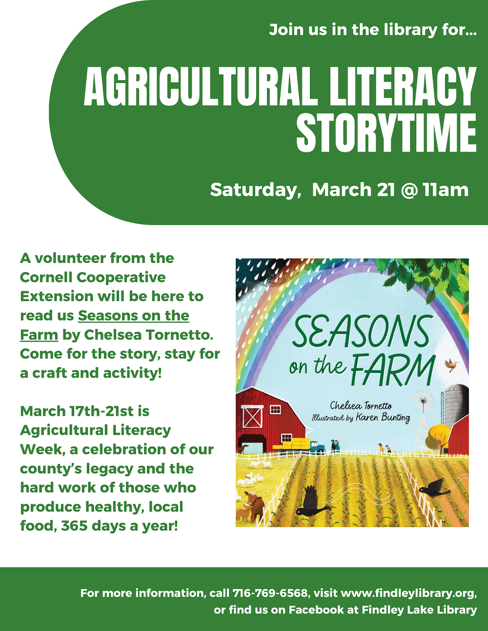Flyer for Agricultural Literacy Storytime on Saturday, March 21 at 11am. Depicts the cover of a book called Seasons on the Farm by Chelsea Tornetto, showing a scenic farm with red barns, plowed fields, cows, and a rainbow overhead.