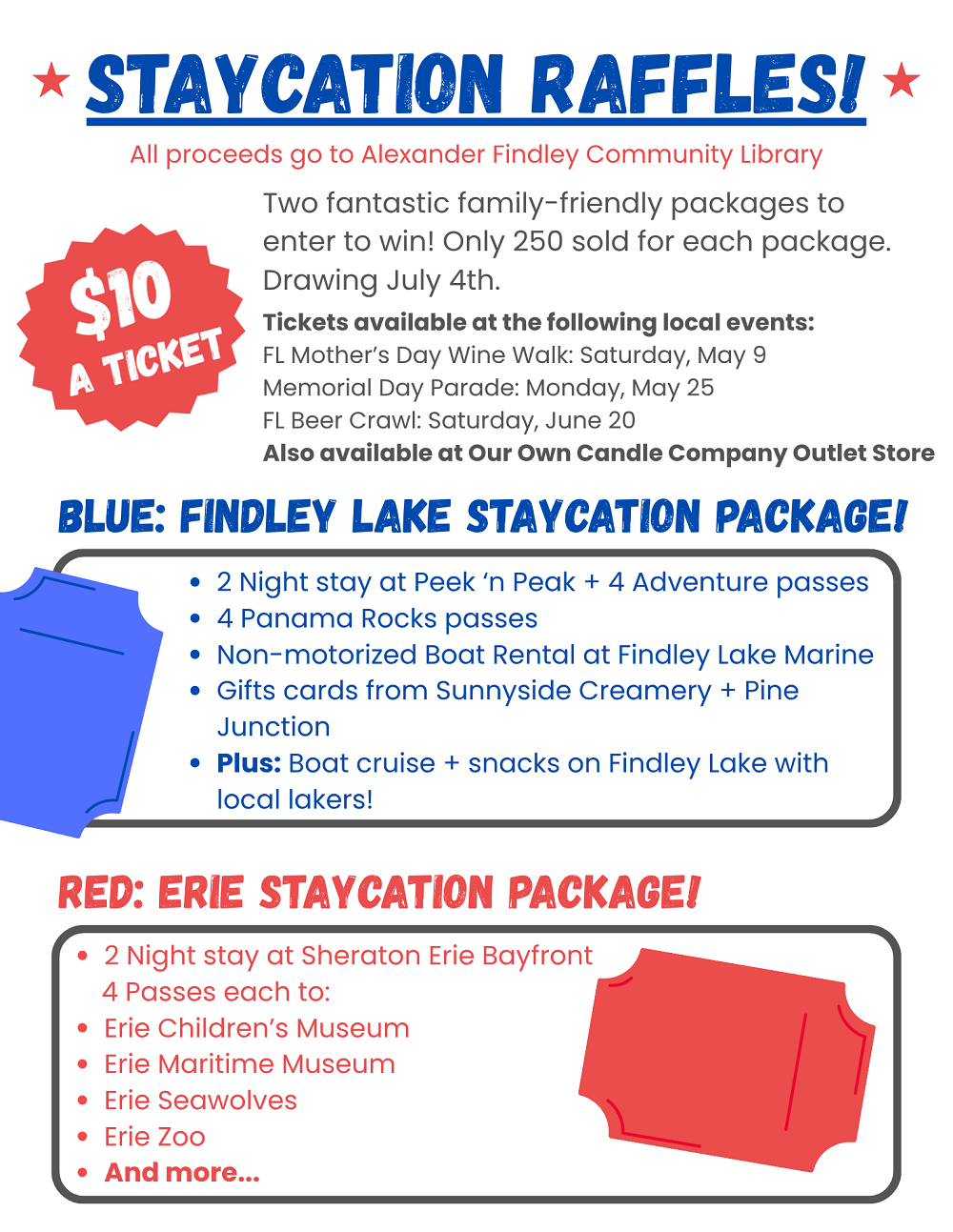 Flyer for Staycation Raffles! Two separate raffles for packages, with tickets going for $10. All proceeds go to the Alexander Findley Community Library.