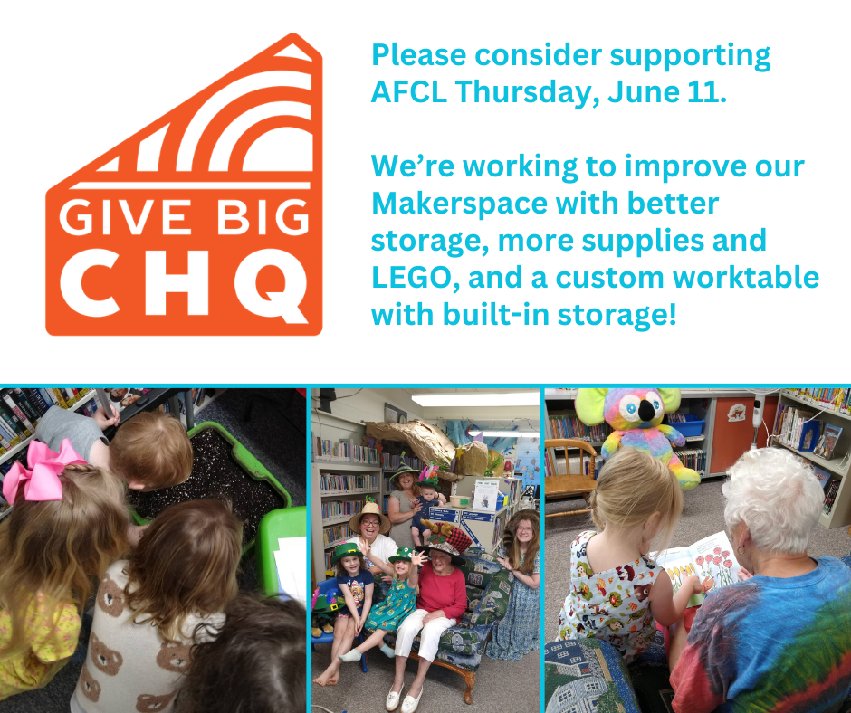 Graphic with Give Big CHQ logo and pics of different people engaged in library activities.